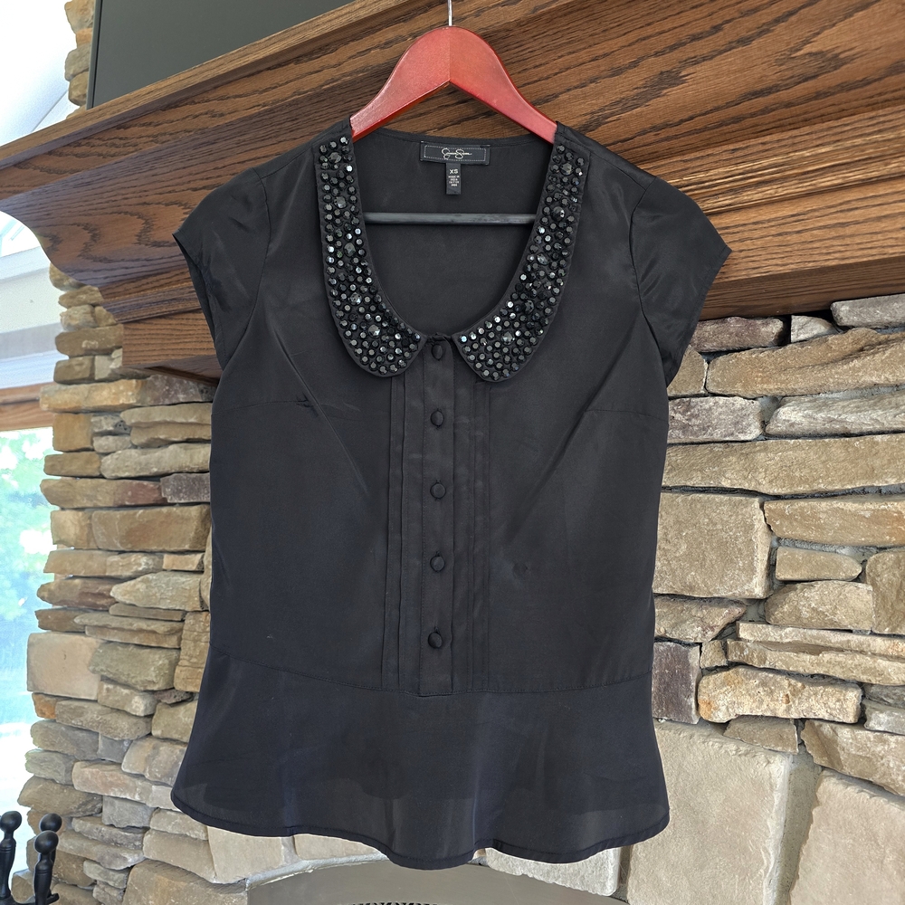 Jessica Simpson XS Black Blouse with Beaded Collar, Pleats, Buttons, & Ruffle!!!